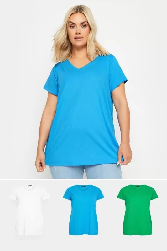 YOURS - Lot de 3 T-Shirts Bleu Vert & Blanc