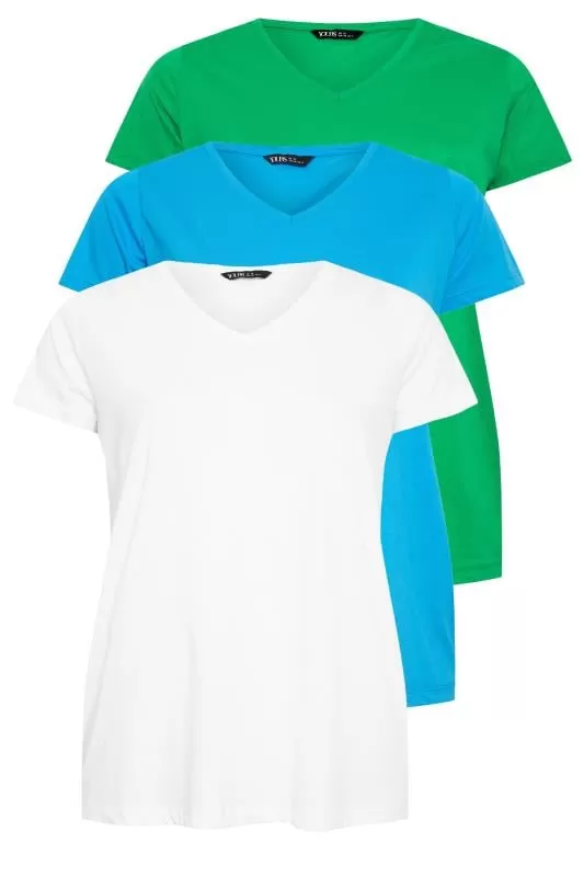 YOURS - Lot de 3 T-Shirts Bleu Vert & Blanc