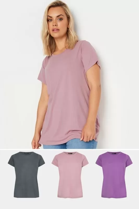 YOURS - Lot de 3 T-Shirts Gris Rose & Violet Manches Courtes