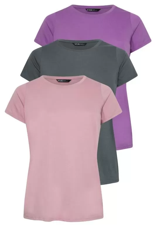 YOURS - Lot de 3 T-Shirts Gris Rose & Violet Manches Courtes