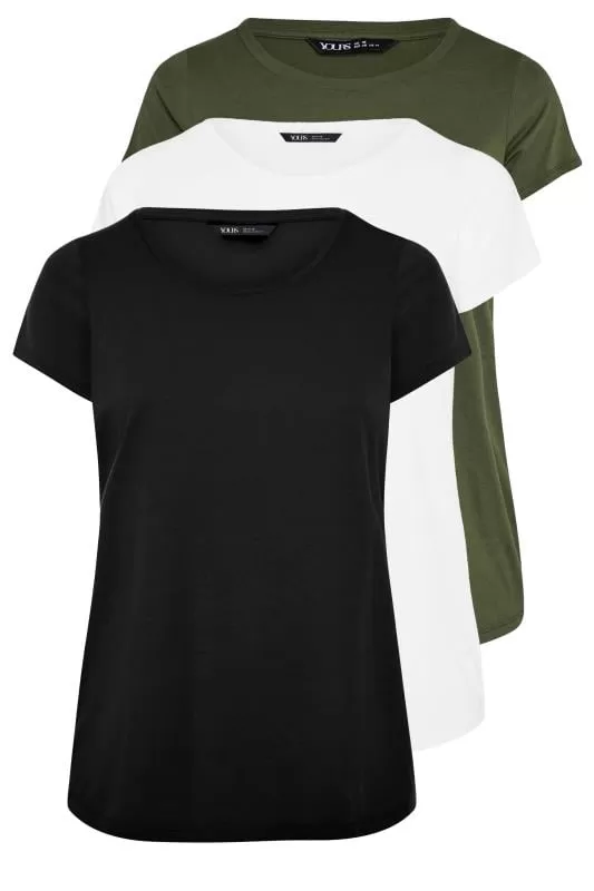 YOURS - Lot de 3 T-Shirts Kaki Blanc & Noir