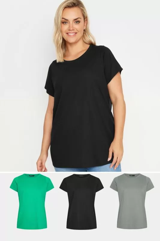 YOURS - Lot de 3 T-Shirts Noir Vert & Gris Manches Courtes