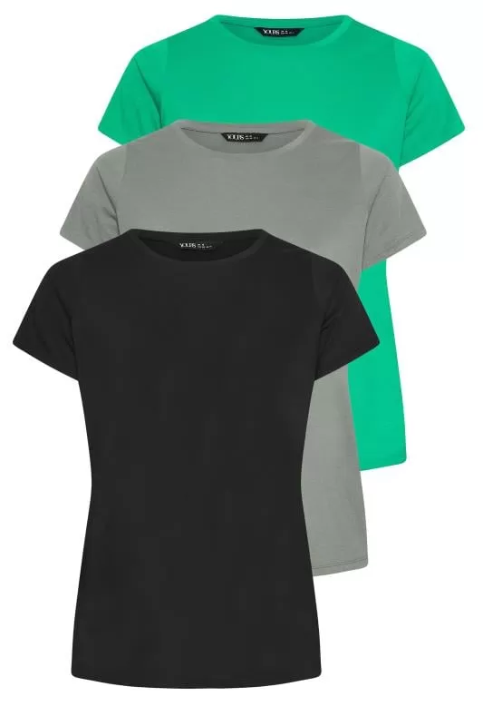 YOURS - Lot de 3 T-Shirts Noir Vert & Gris Manches Courtes