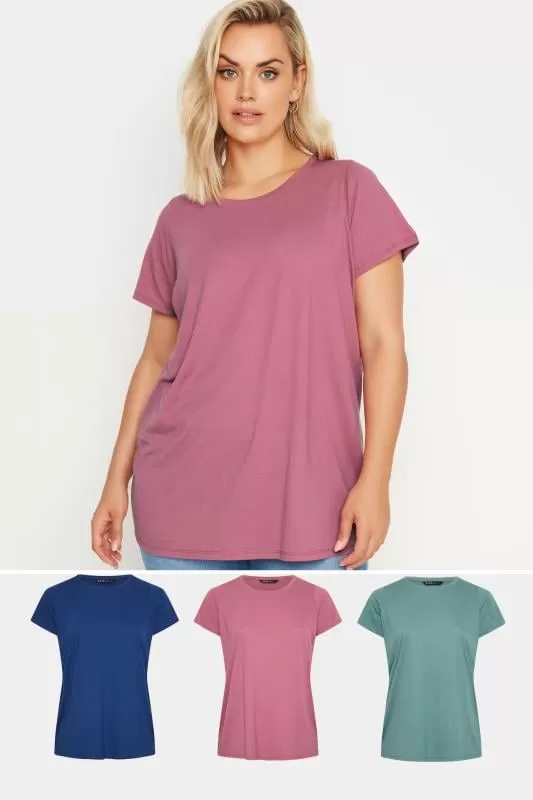 YOURS - Lot de 3 T-Shirts Rose Vert & Bleu en Jersey