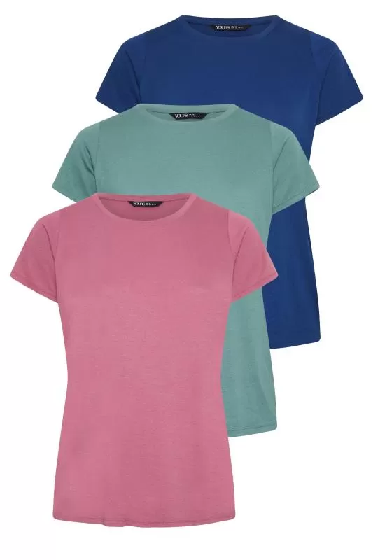 YOURS - Lot de 3 T-Shirts Rose Vert & Bleu en Jersey