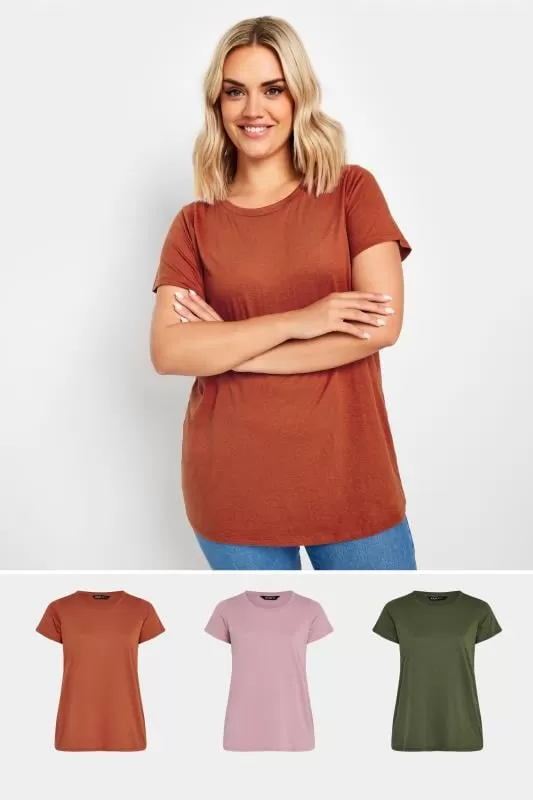 YOURS - Lot de 3 T-Shirts Rouille Rose & Kaki Manches Courtes