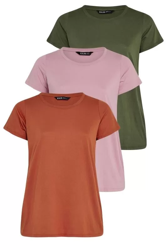 YOURS - Lot de 3 T-Shirts Rouille Rose & Kaki Manches Courtes